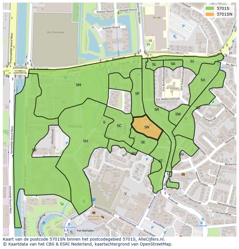 Afbeelding van het postcodegebied 5701 SN op de kaart.