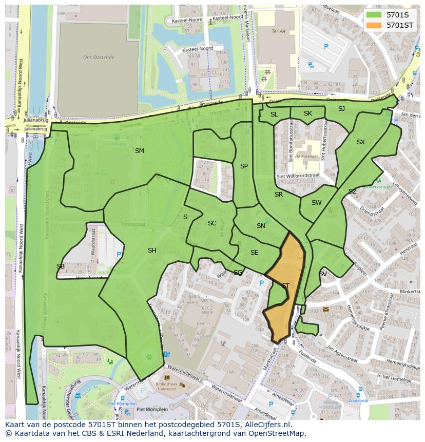 Afbeelding van het postcodegebied 5701 ST op de kaart.