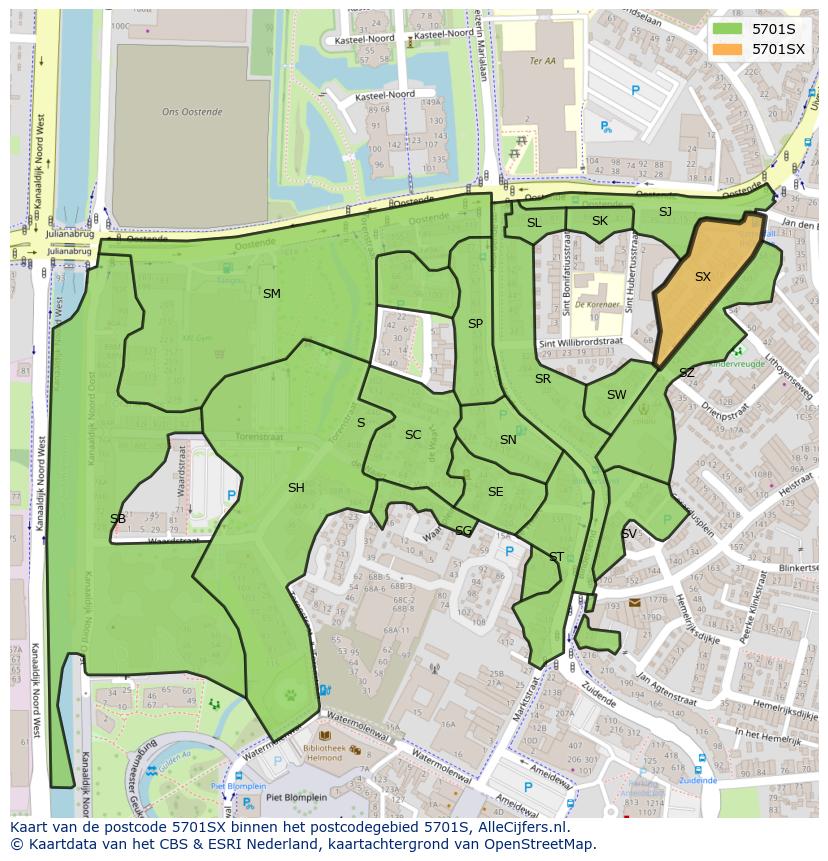 Afbeelding van het postcodegebied 5701 SX op de kaart.