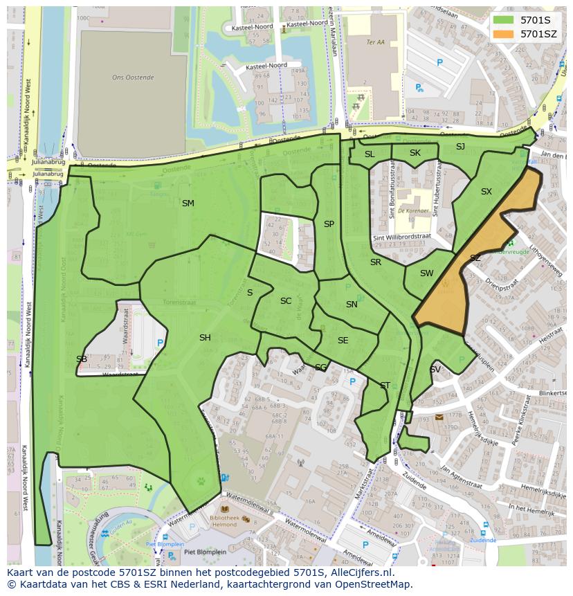 Afbeelding van het postcodegebied 5701 SZ op de kaart.