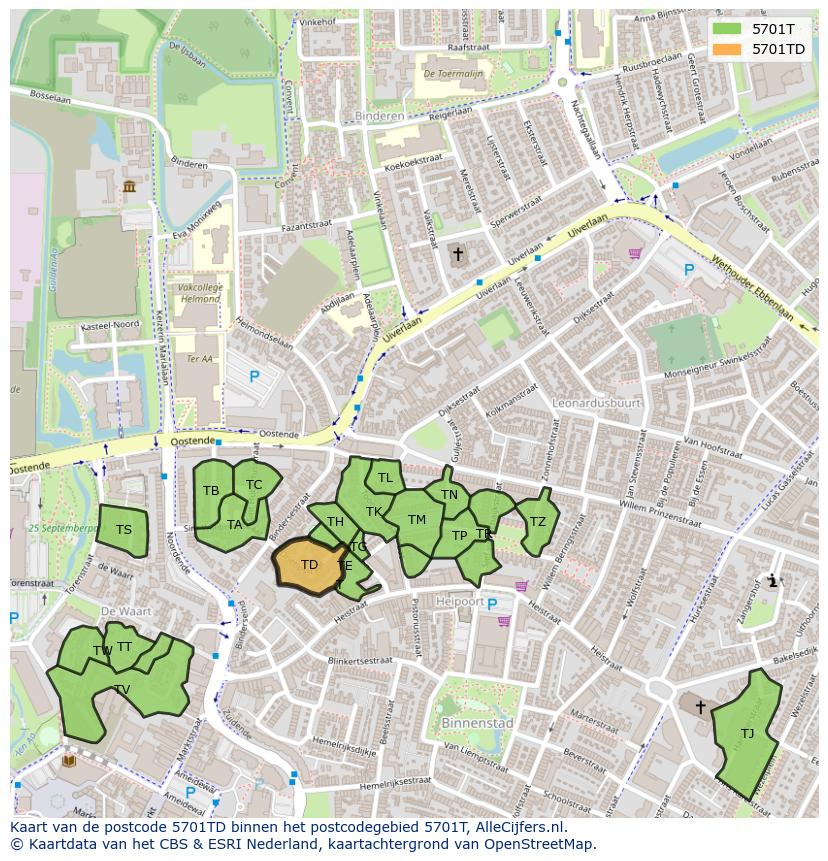 Afbeelding van het postcodegebied 5701 TD op de kaart.
