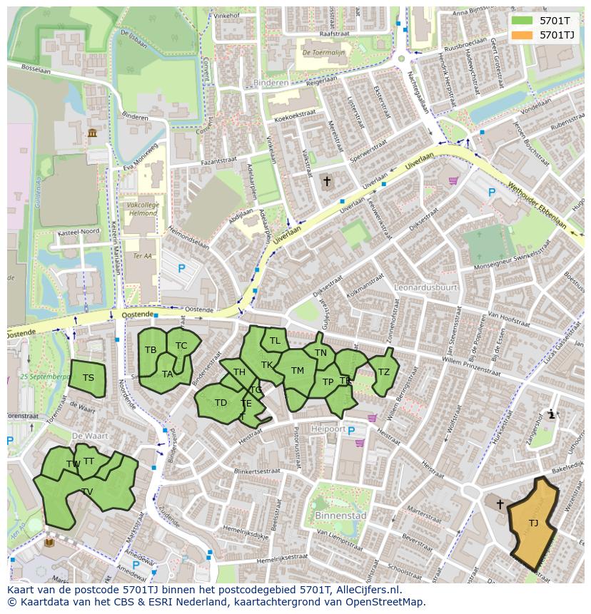 Afbeelding van het postcodegebied 5701 TJ op de kaart.