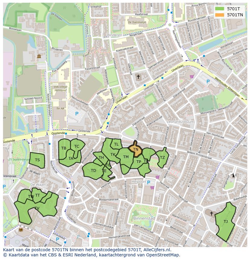Afbeelding van het postcodegebied 5701 TN op de kaart.
