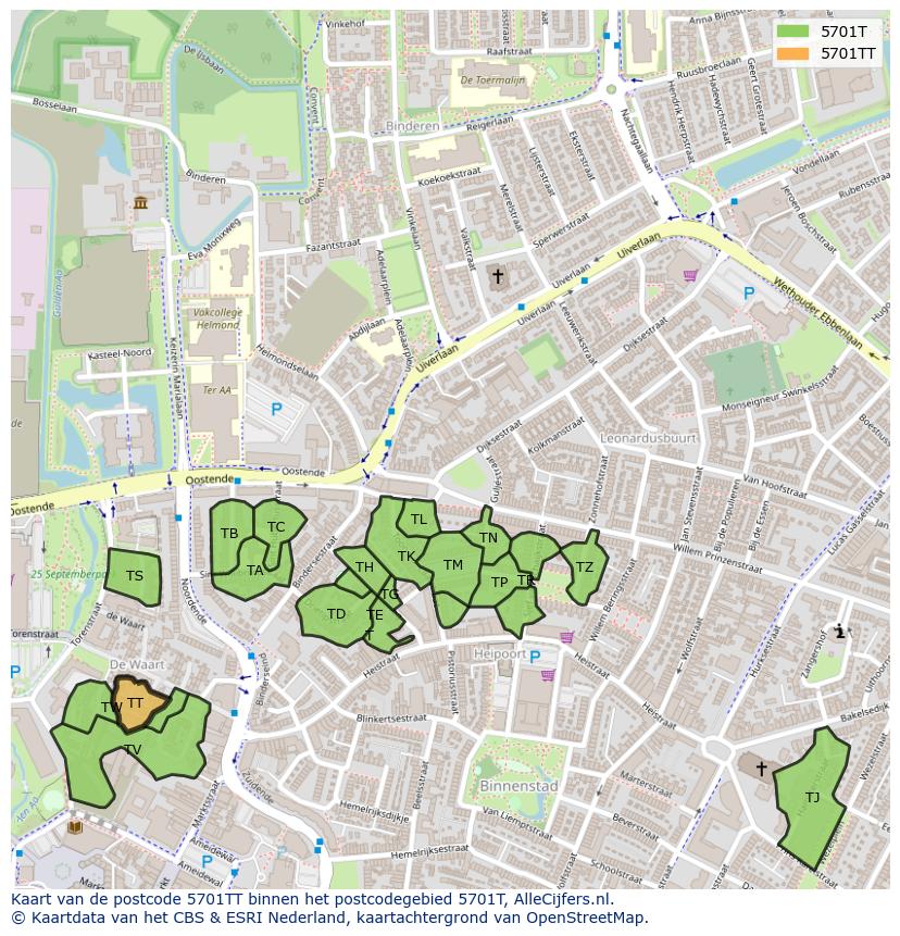 Afbeelding van het postcodegebied 5701 TT op de kaart.