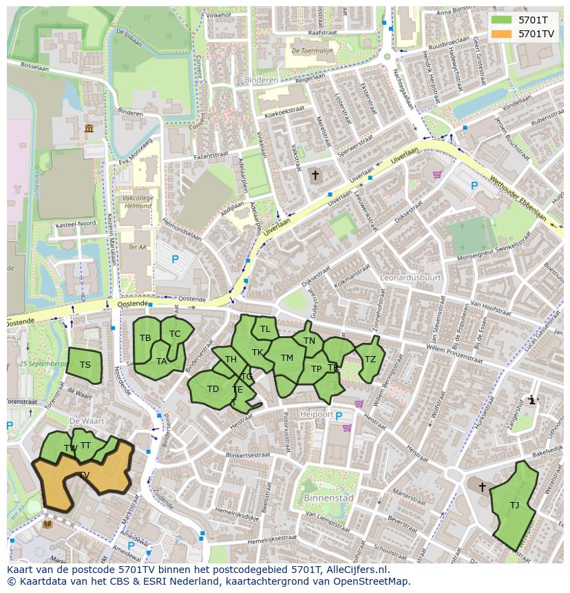 Afbeelding van het postcodegebied 5701 TV op de kaart.