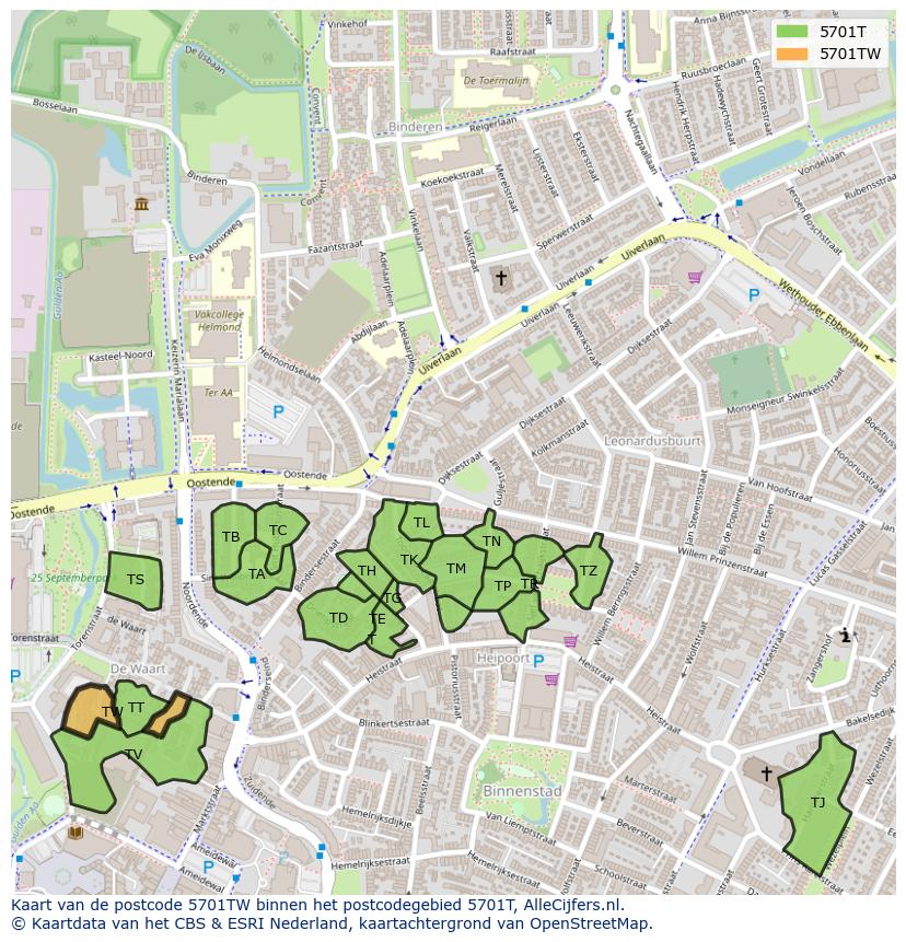 Afbeelding van het postcodegebied 5701 TW op de kaart.