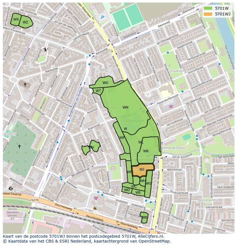 Afbeelding van het postcodegebied 5701 WJ op de kaart.
