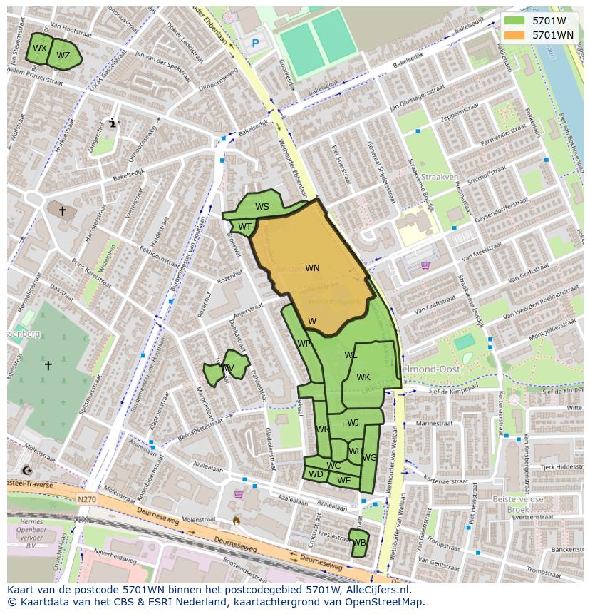 Afbeelding van het postcodegebied 5701 WN op de kaart.