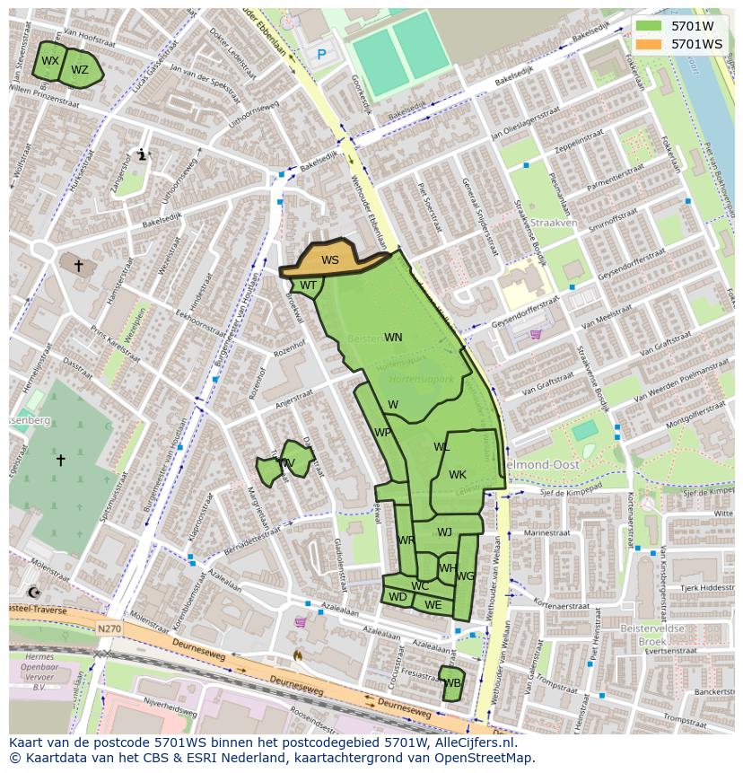 Afbeelding van het postcodegebied 5701 WS op de kaart.