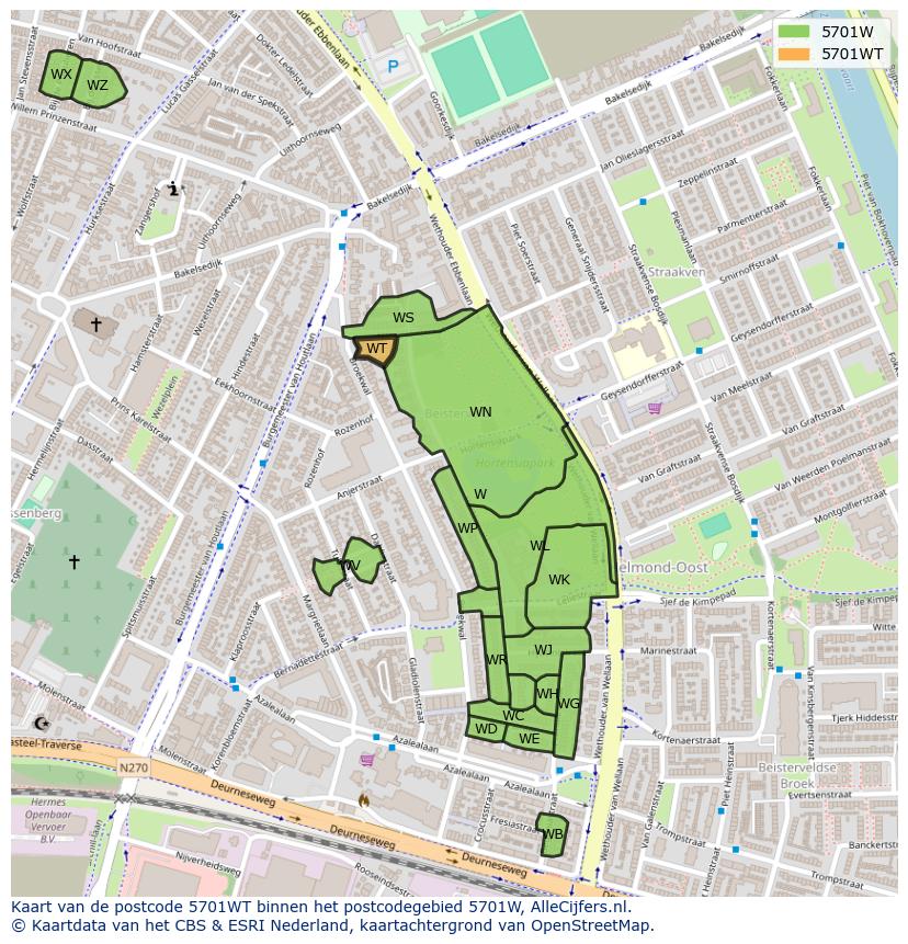 Afbeelding van het postcodegebied 5701 WT op de kaart.