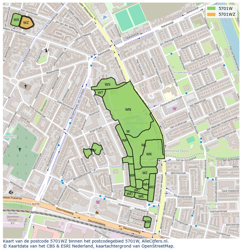 Afbeelding van het postcodegebied 5701 WZ op de kaart.