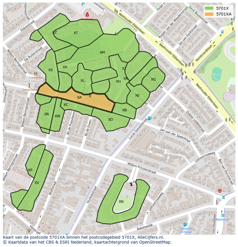 Afbeelding van het postcodegebied 5701 XA op de kaart.