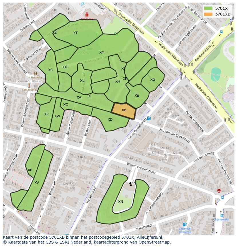 Afbeelding van het postcodegebied 5701 XB op de kaart.