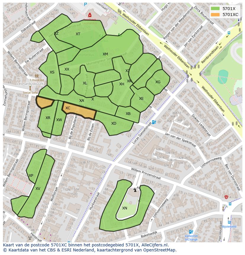 Afbeelding van het postcodegebied 5701 XC op de kaart.