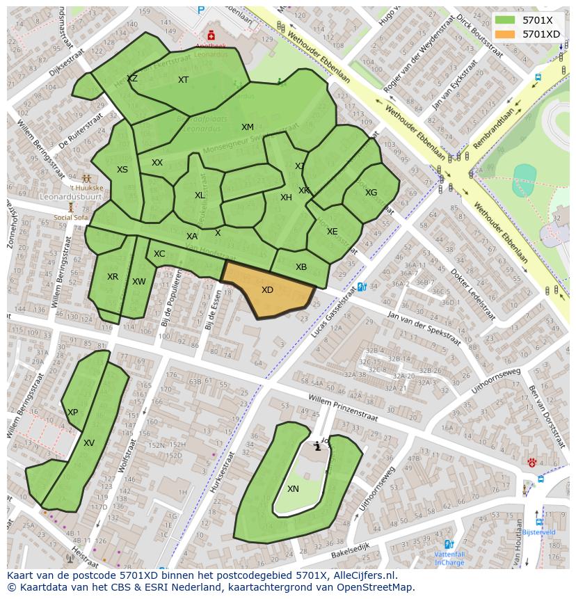 Afbeelding van het postcodegebied 5701 XD op de kaart.