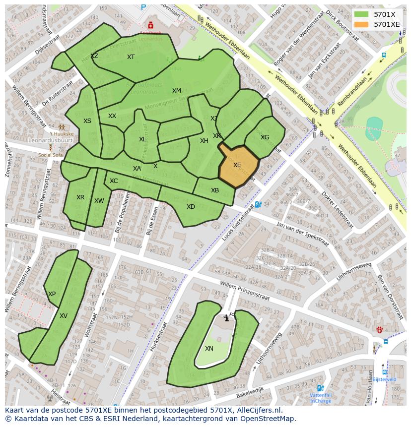 Afbeelding van het postcodegebied 5701 XE op de kaart.