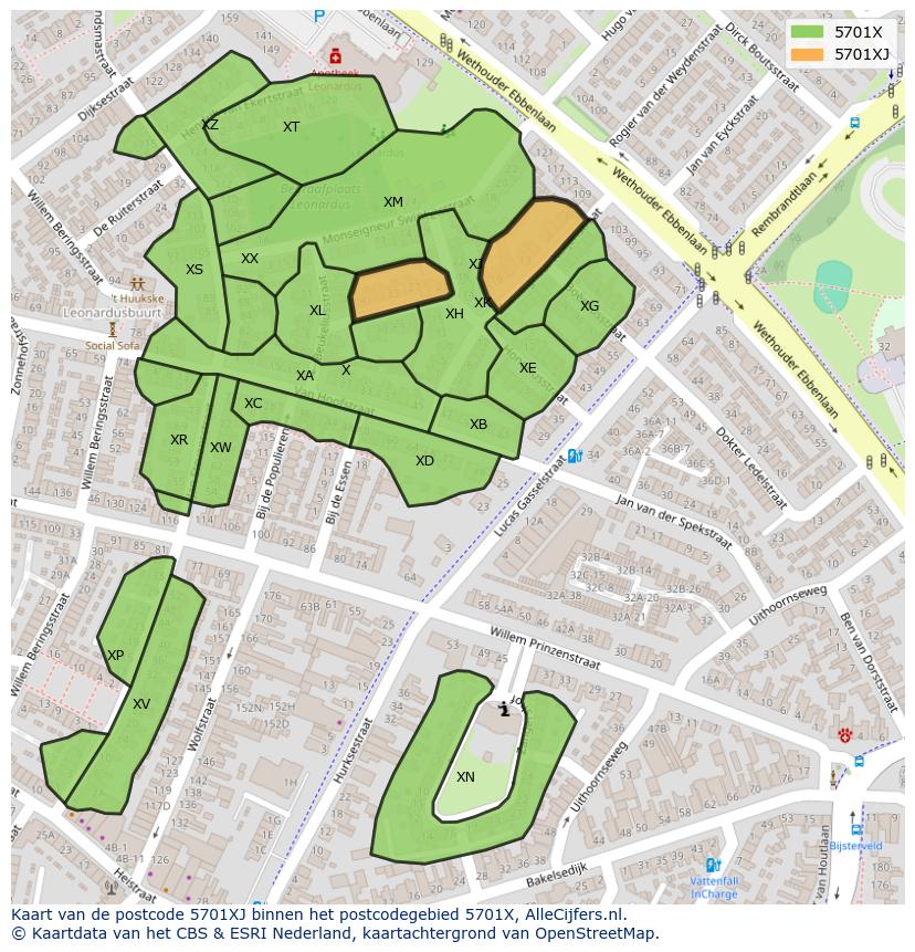 Afbeelding van het postcodegebied 5701 XJ op de kaart.