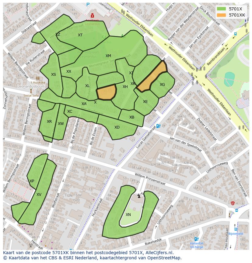 Afbeelding van het postcodegebied 5701 XK op de kaart.
