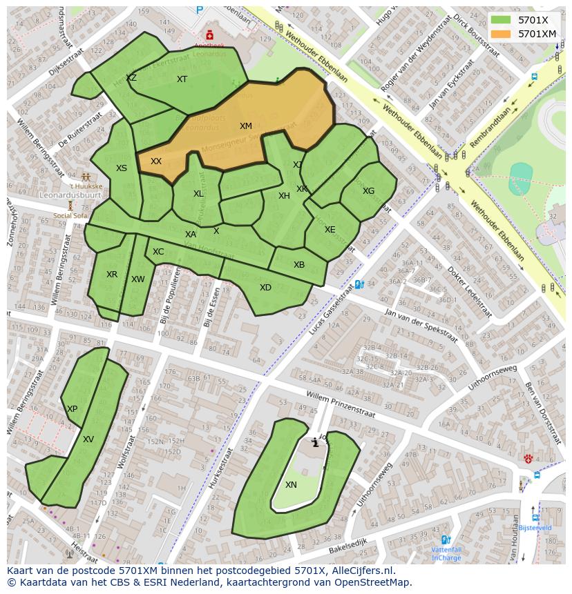 Afbeelding van het postcodegebied 5701 XM op de kaart.