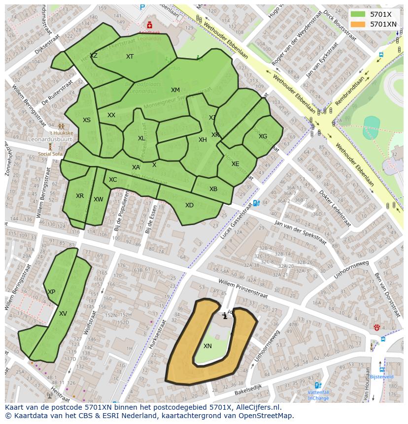 Afbeelding van het postcodegebied 5701 XN op de kaart.