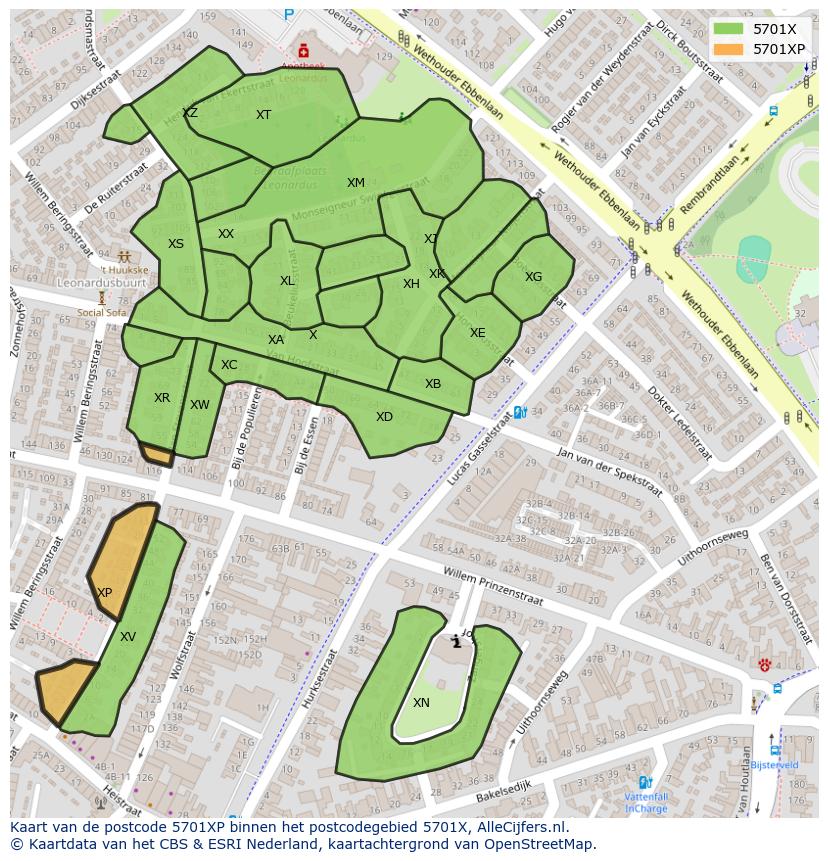 Afbeelding van het postcodegebied 5701 XP op de kaart.