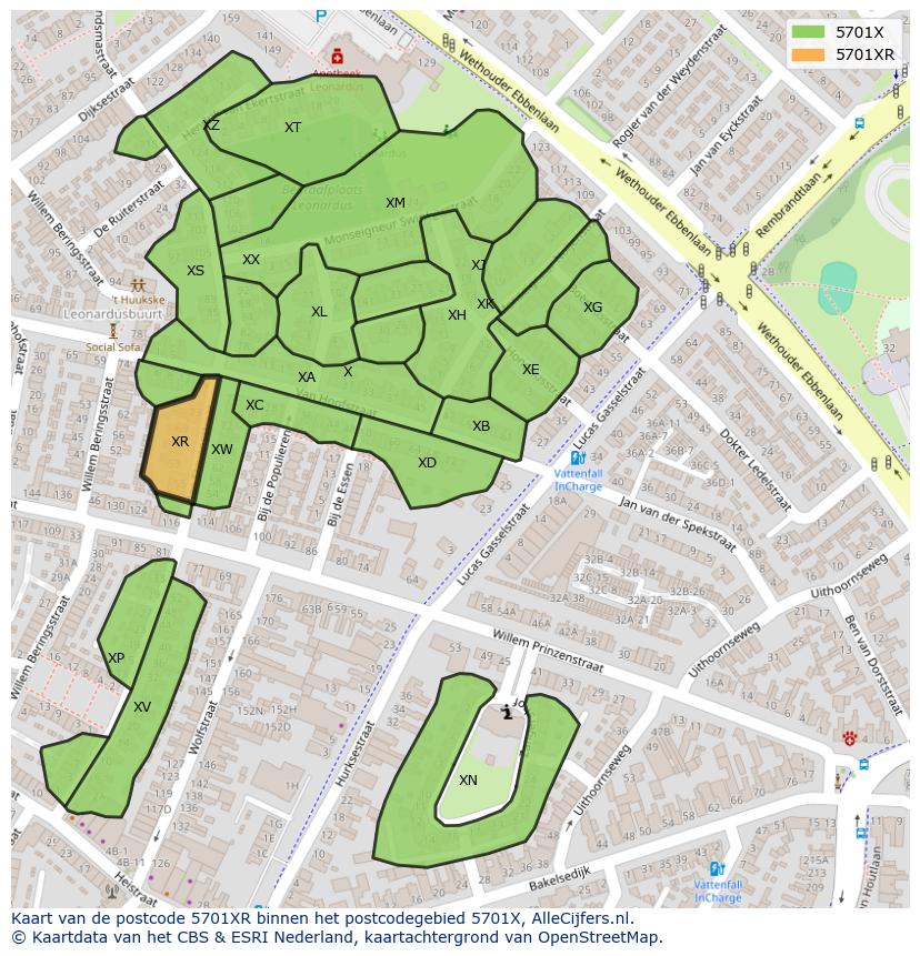 Afbeelding van het postcodegebied 5701 XR op de kaart.