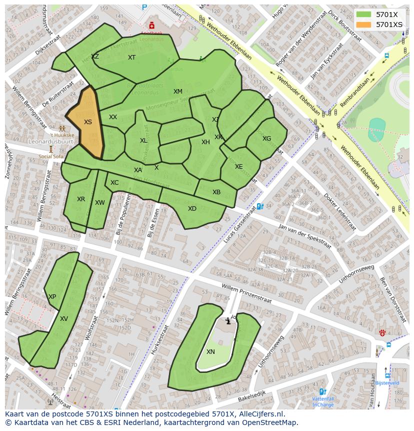 Afbeelding van het postcodegebied 5701 XS op de kaart.