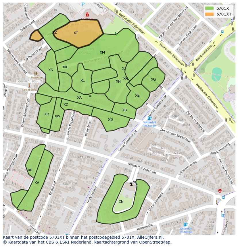 Afbeelding van het postcodegebied 5701 XT op de kaart.