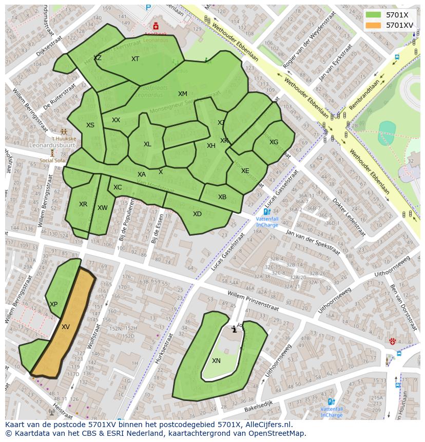 Afbeelding van het postcodegebied 5701 XV op de kaart.