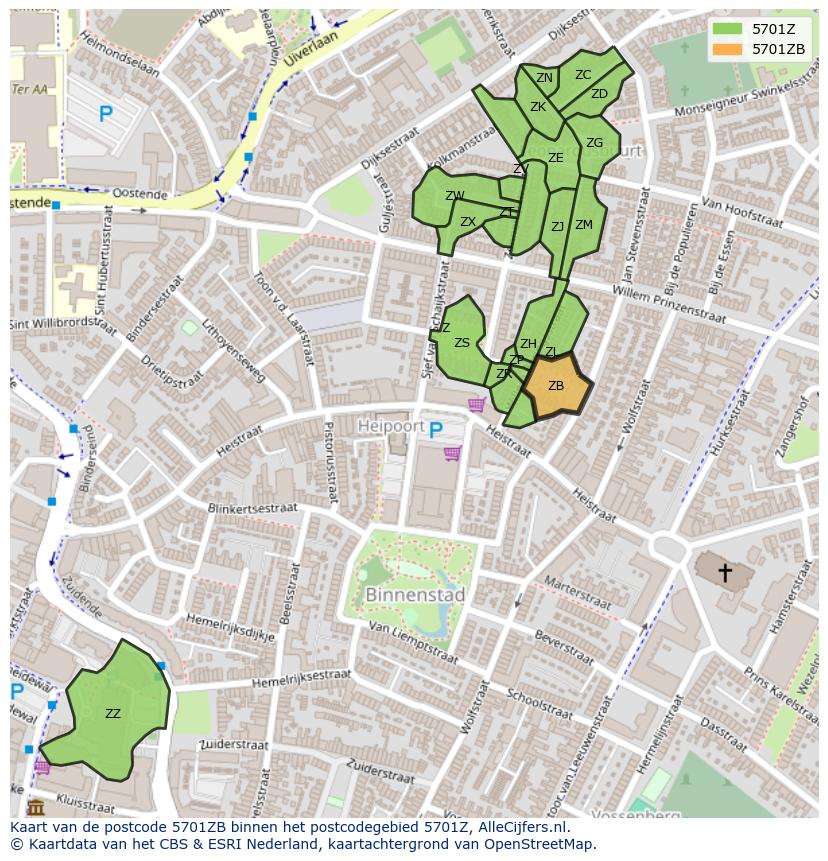 Afbeelding van het postcodegebied 5701 ZB op de kaart.
