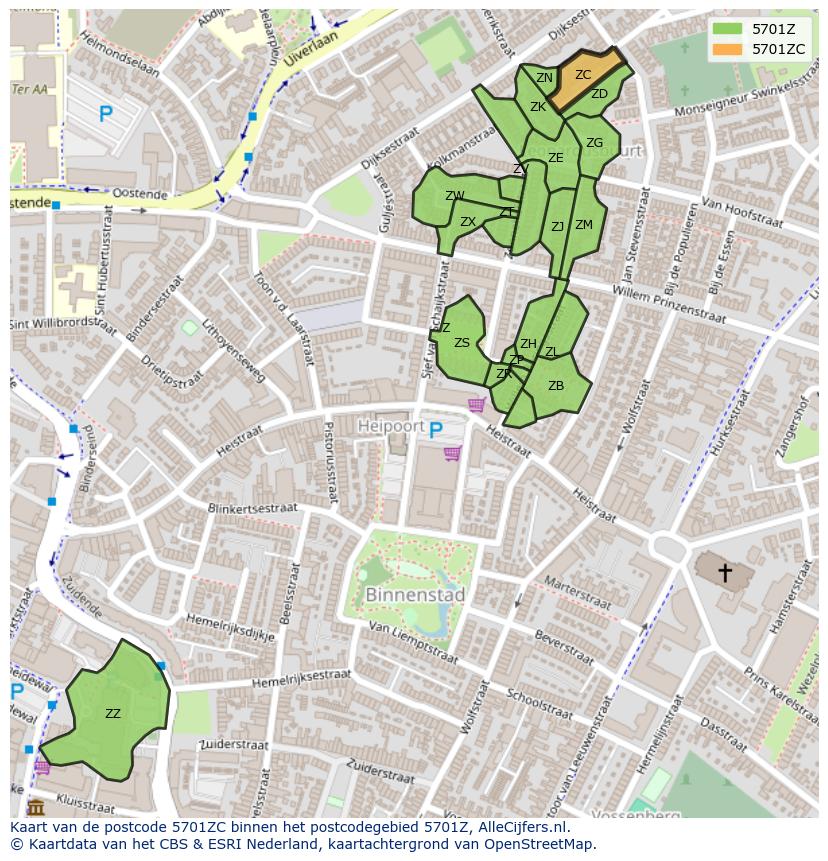 Afbeelding van het postcodegebied 5701 ZC op de kaart.