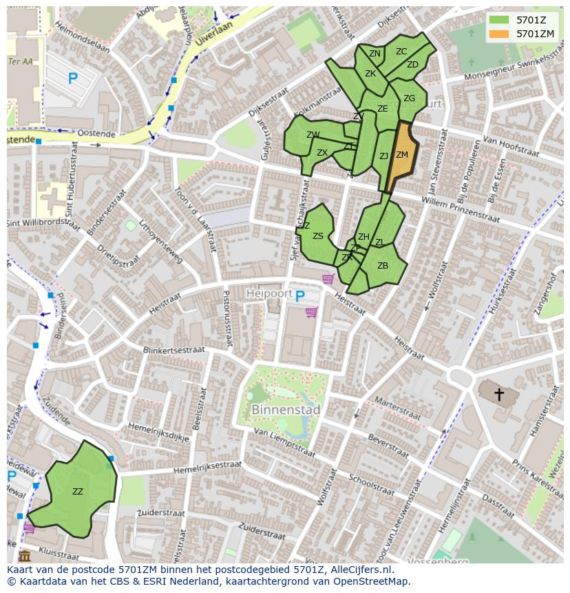 Afbeelding van het postcodegebied 5701 ZM op de kaart.