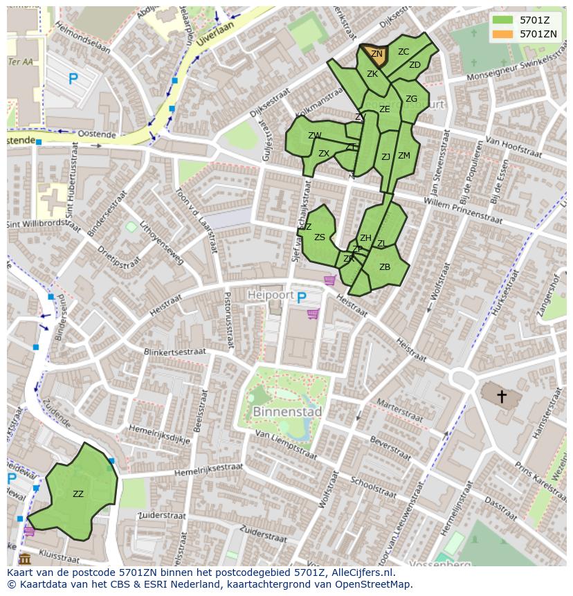 Afbeelding van het postcodegebied 5701 ZN op de kaart.