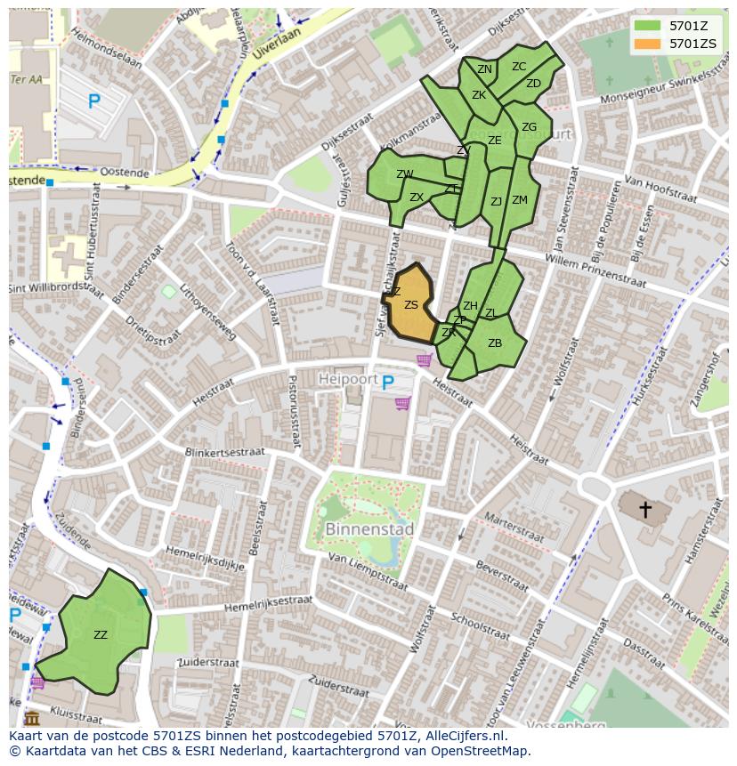 Afbeelding van het postcodegebied 5701 ZS op de kaart.