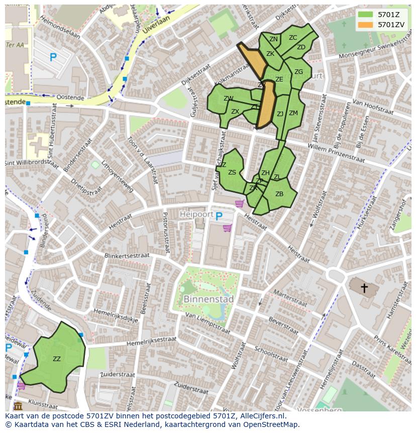Afbeelding van het postcodegebied 5701 ZV op de kaart.