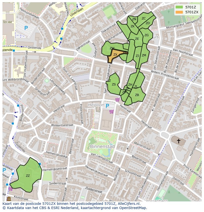Afbeelding van het postcodegebied 5701 ZX op de kaart.