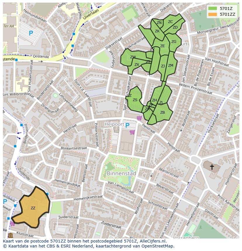 Afbeelding van het postcodegebied 5701 ZZ op de kaart.