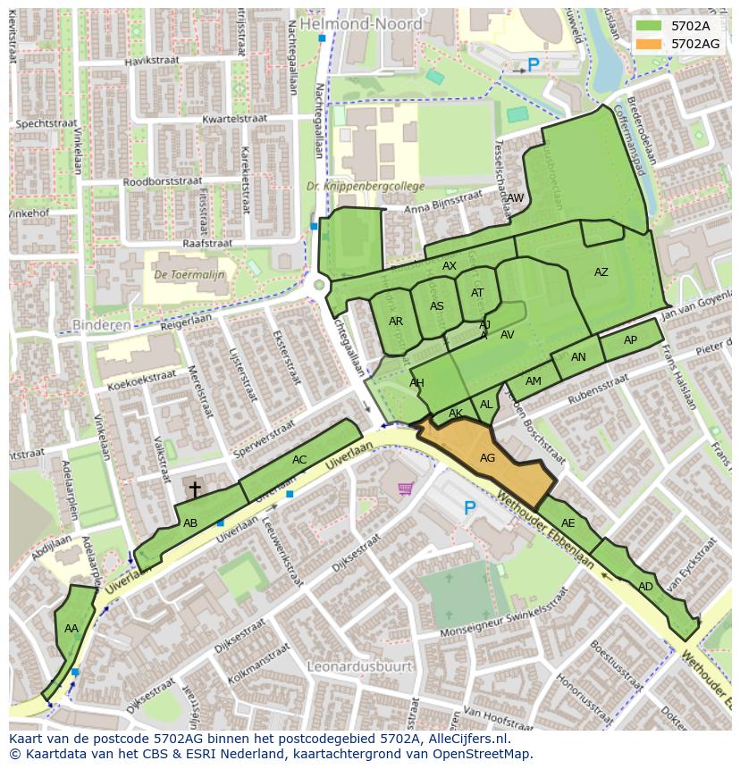 Afbeelding van het postcodegebied 5702 AG op de kaart.