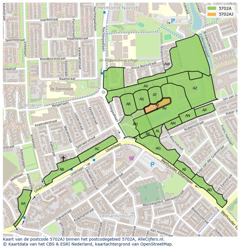 Afbeelding van het postcodegebied 5702 AJ op de kaart.