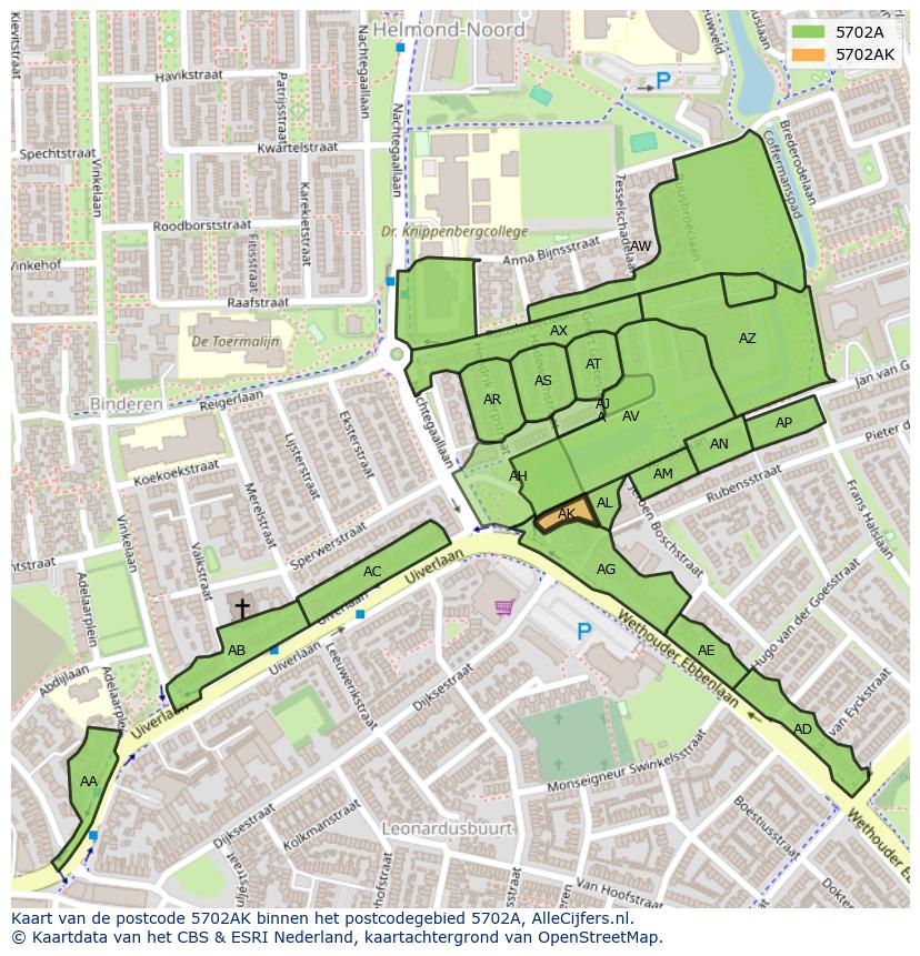 Afbeelding van het postcodegebied 5702 AK op de kaart.