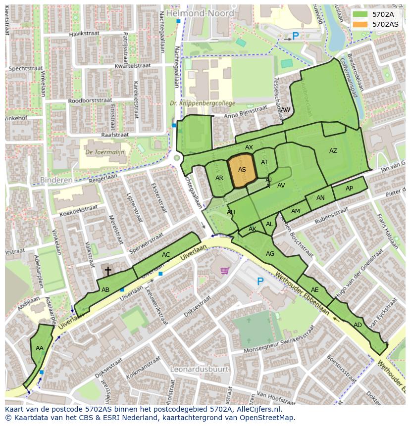 Afbeelding van het postcodegebied 5702 AS op de kaart.