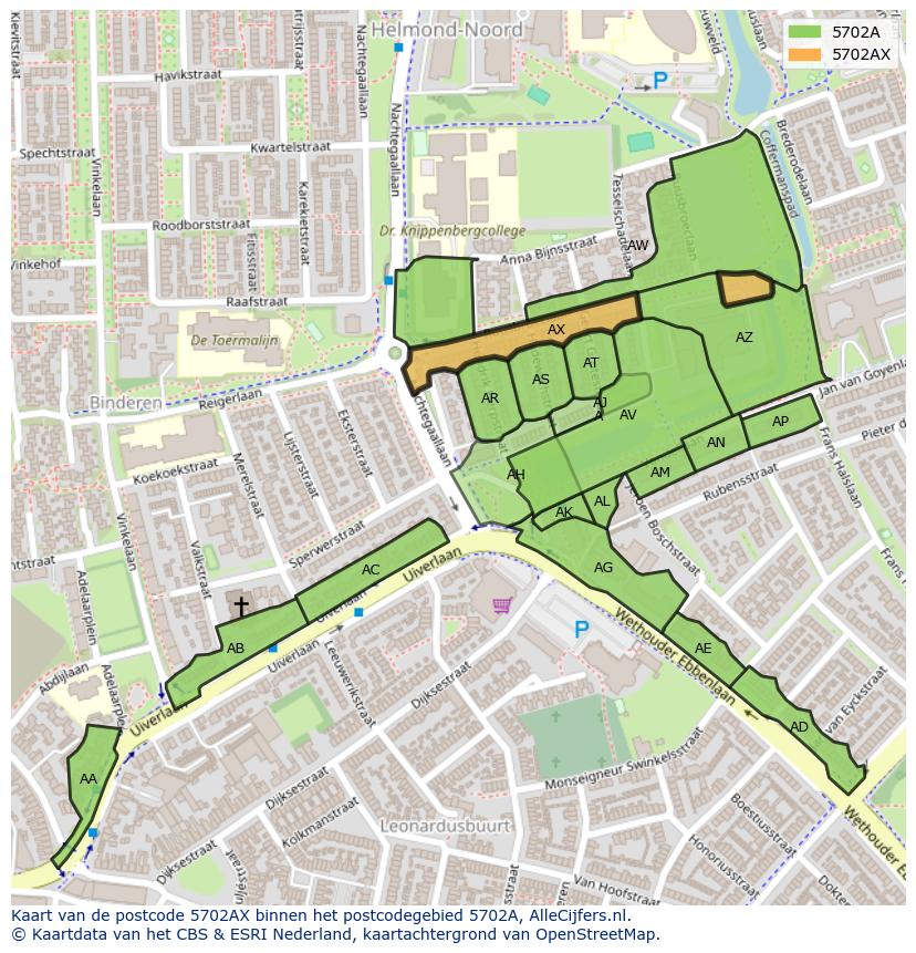 Afbeelding van het postcodegebied 5702 AX op de kaart.