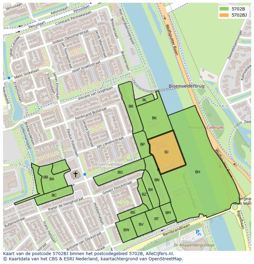 Afbeelding van het postcodegebied 5702 BJ op de kaart.