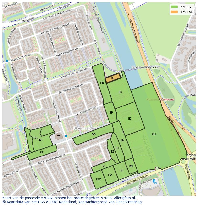 Afbeelding van het postcodegebied 5702 BL op de kaart.