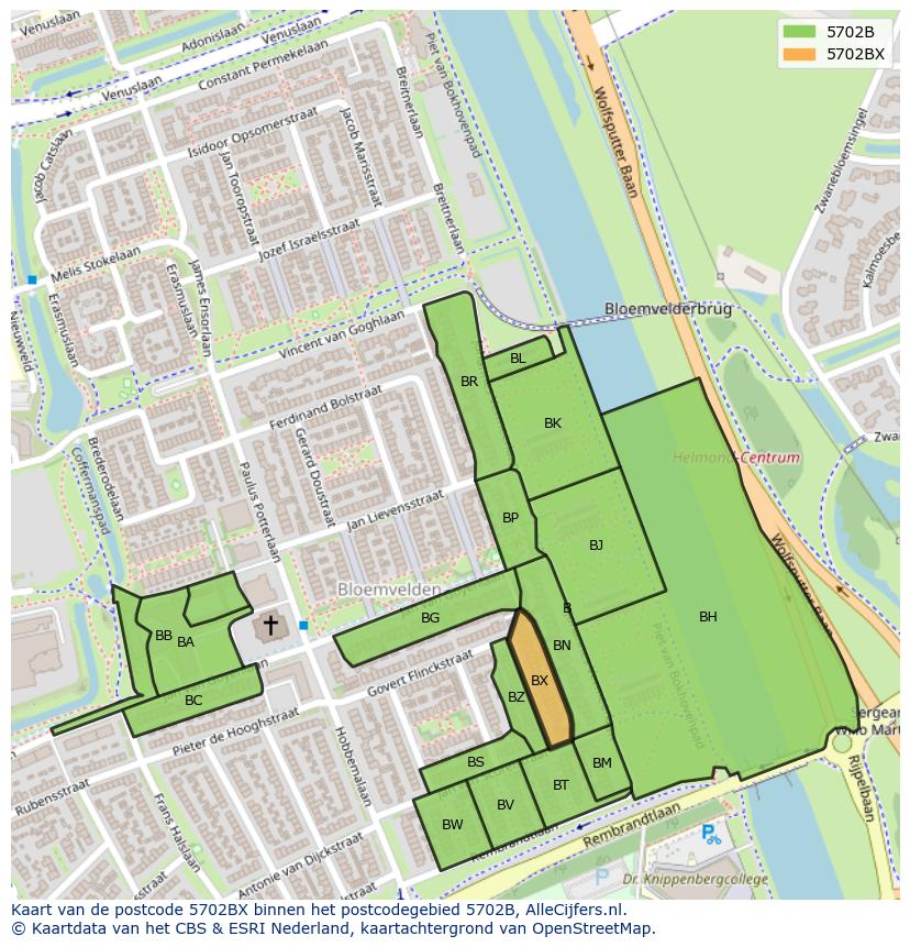 Afbeelding van het postcodegebied 5702 BX op de kaart.