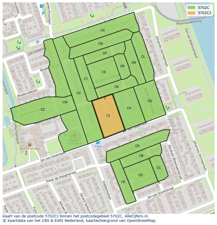 Afbeelding van het postcodegebied 5702 CJ op de kaart.