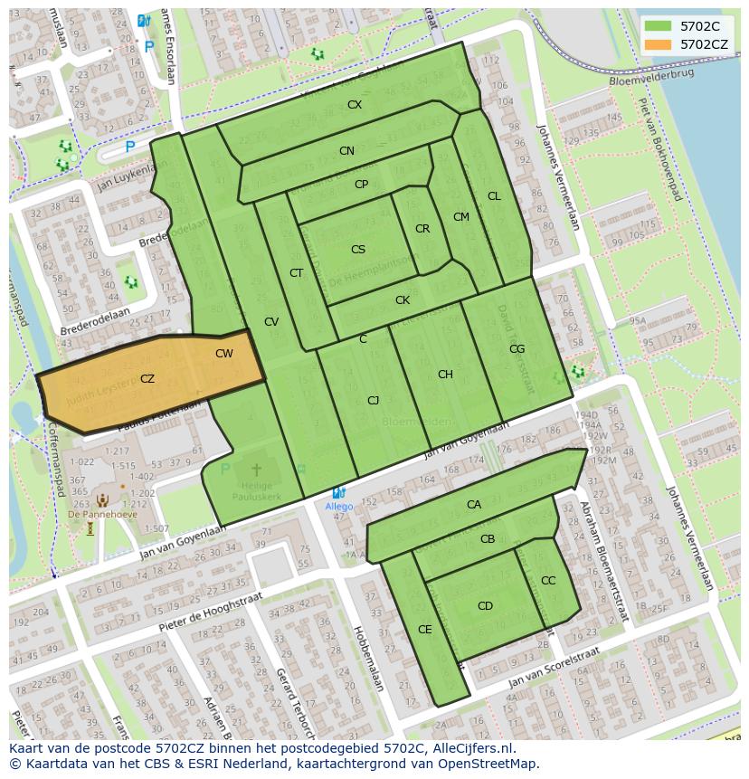 Afbeelding van het postcodegebied 5702 CZ op de kaart.