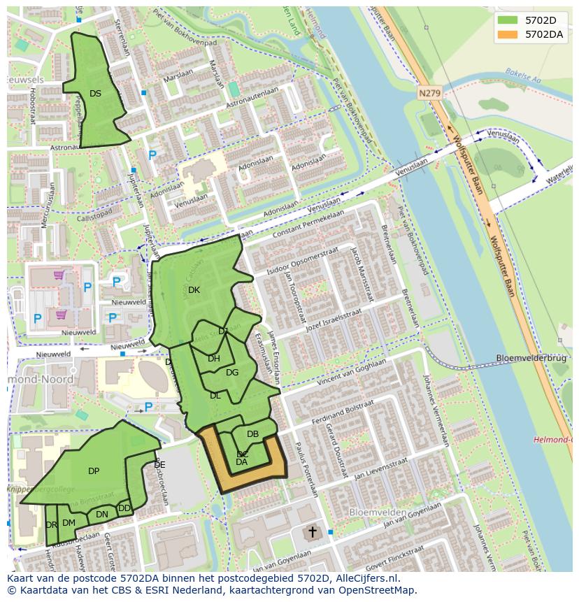 Afbeelding van het postcodegebied 5702 DA op de kaart.