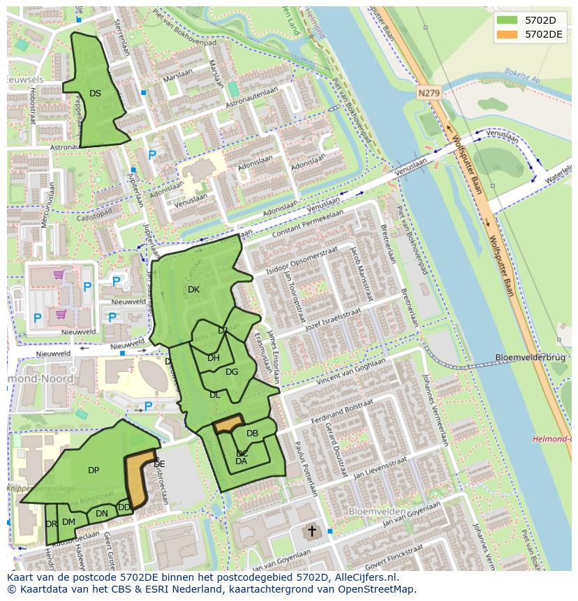 Afbeelding van het postcodegebied 5702 DE op de kaart.