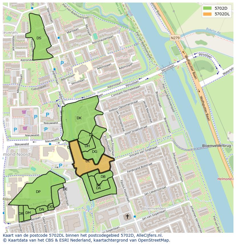 Afbeelding van het postcodegebied 5702 DL op de kaart.